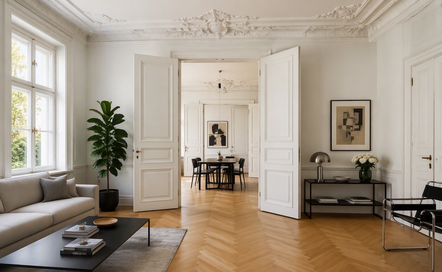 Modernisierter Altbau mit Stuck und Fischgrätparkett