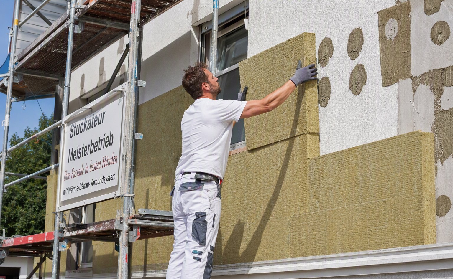 Handwerker montiert Fassadendämmung